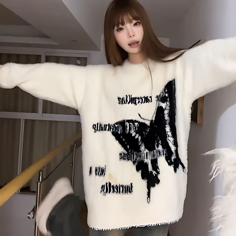 美式復古ins設計感蝴蝶仿貂絨毛衣男女秋冬情侶上衣寬鬆針織衫潮