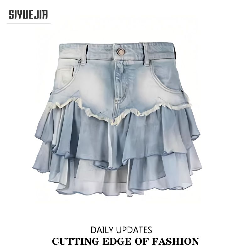 Large size fat mm design denim short skirt for women summer new style pleated chiffon high waist slimming A-line skirt