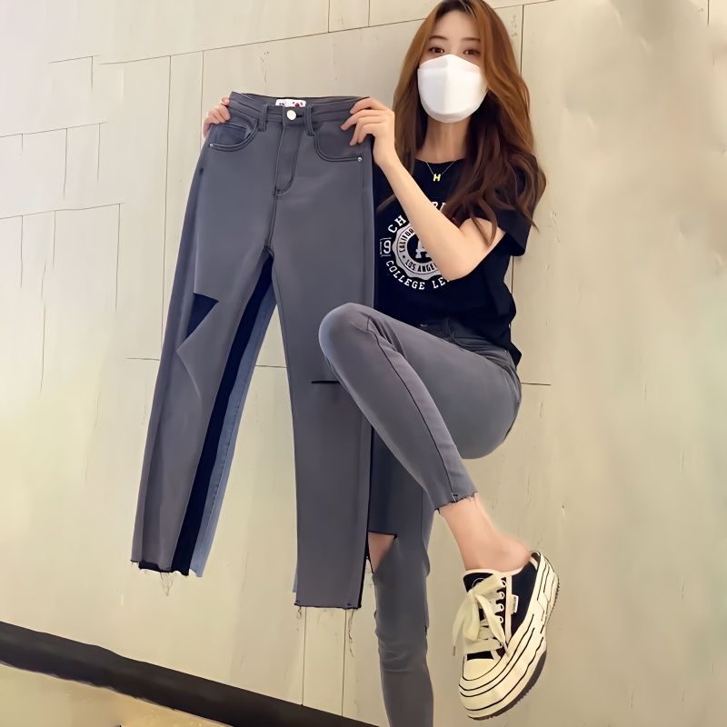 2023新款破洞8分牛仔褲女夏薄款高腰九分直筒黑色煙管褲修身彈力