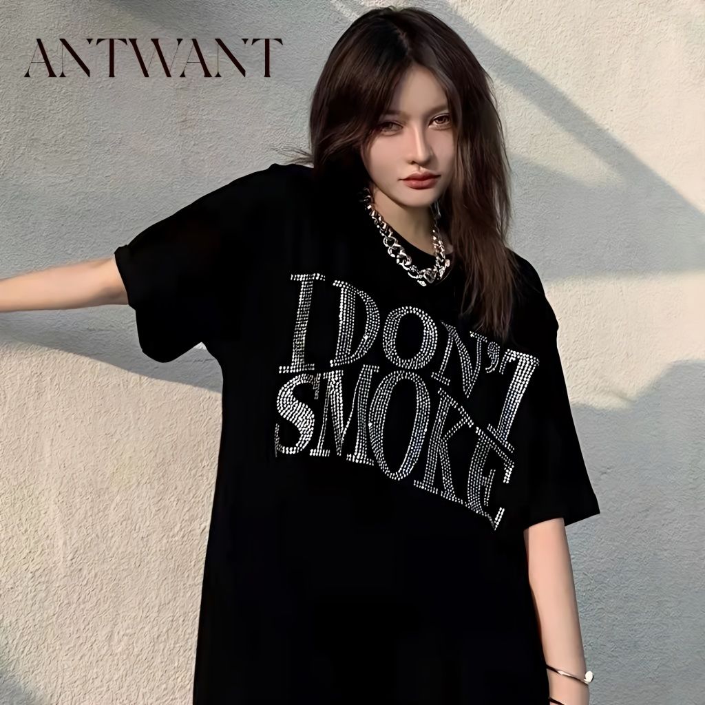 ANTWANT國潮牌歐美街頭嘻哈寬鬆純棉男女情侶純棉燙鑽ins高街短袖