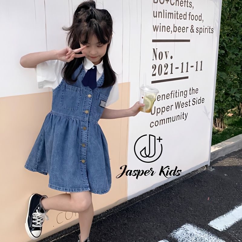 女童韓版裙子2023夏季新款銅扣牛仔背心裙學院風領結襯衣