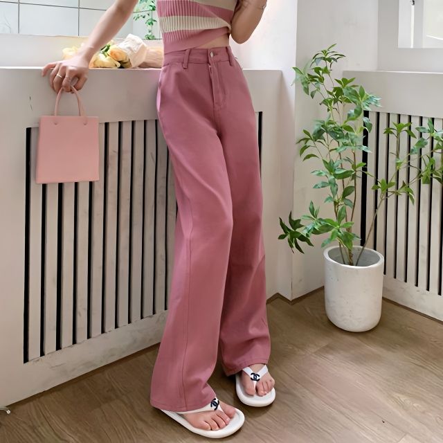 玫粉色牛仔褲女春夏季2022新款高腰顯瘦闊腿褲設計感小眾拖地褲子