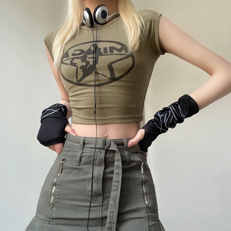 Rapcopter American retro star print short-sleeved T-shirt women's short section hit color slim fit hot girl top tide