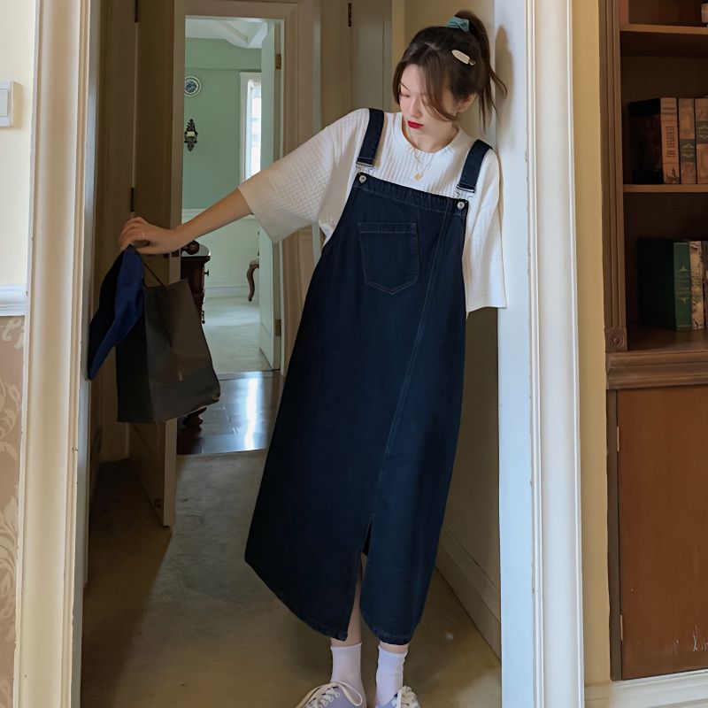 牛仔背帶裙復古開叉設計感小眾牛仔裙女2023夏季小個子連衣裙可愛