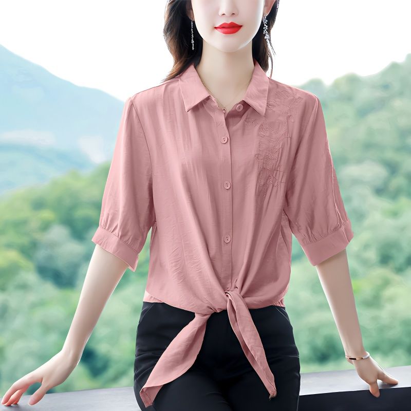 2023夏季新款繡花棉麻大碼上衣女士系帶時尚減齡襯衣媽媽裝遮肚子