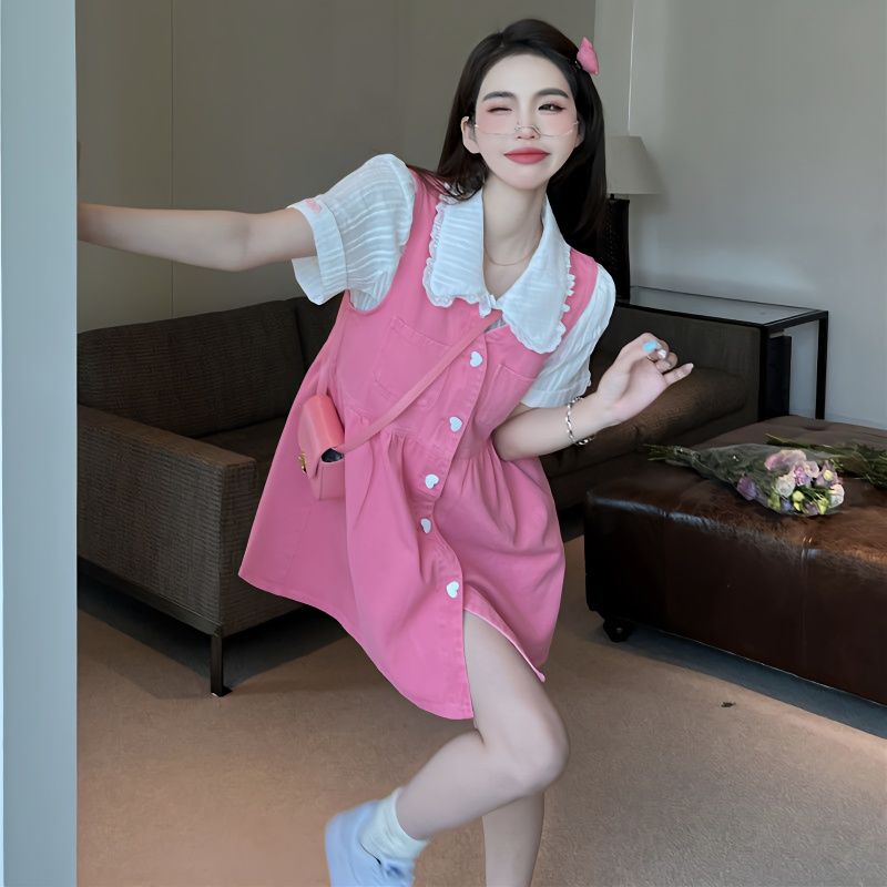 甜美套裝裙女夏2023新款少女感無袖背心牛仔連衣裙翻領襯衫兩件套