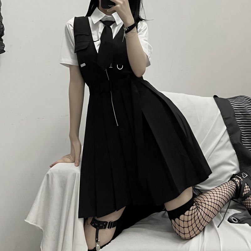 【兩件套裝】夏季ins潮新款小眾百搭短袖襯衫+高腰顯瘦背帶連衣裙