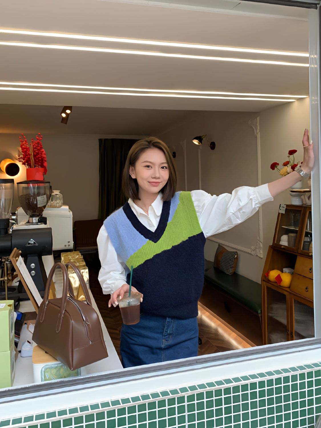 時尚套裝女新款日系針織毛衣v領拼色馬甲背心襯衫短袖T恤減齡休閒