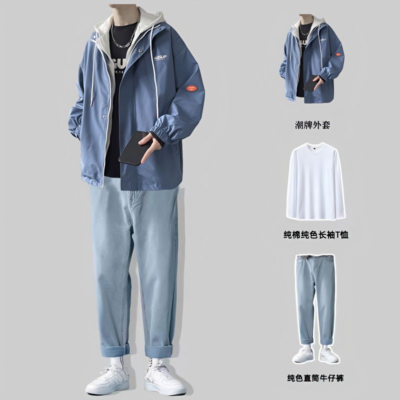 2023 Spring and Autumn Holiday Two-Piece Student Jackets Men's Korean Style Trendy Loose High Street Hip-Hop Baseball Jacket