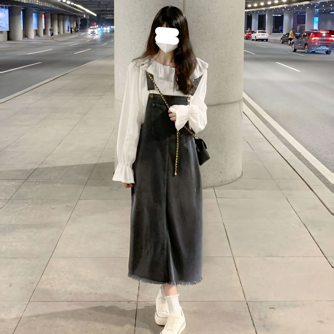Japanese sweet retro college style denim suspender dress female student + lotus leaf collar shirt two pieces/set