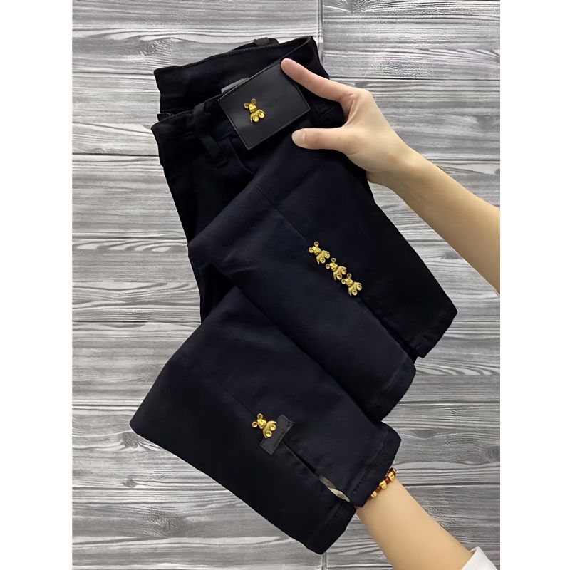 小個子八分歐貨藍色小熊扣煙管牛仔褲女春秋新款大碼高腰直筒褲潮