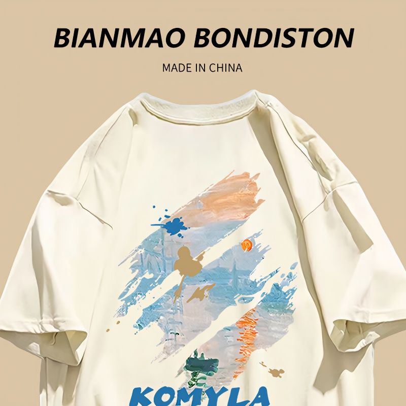 Heavy cotton beige trendy printed short-sleeved T-shirts for men and women of the same style 2023 summer couples all-match casual tops