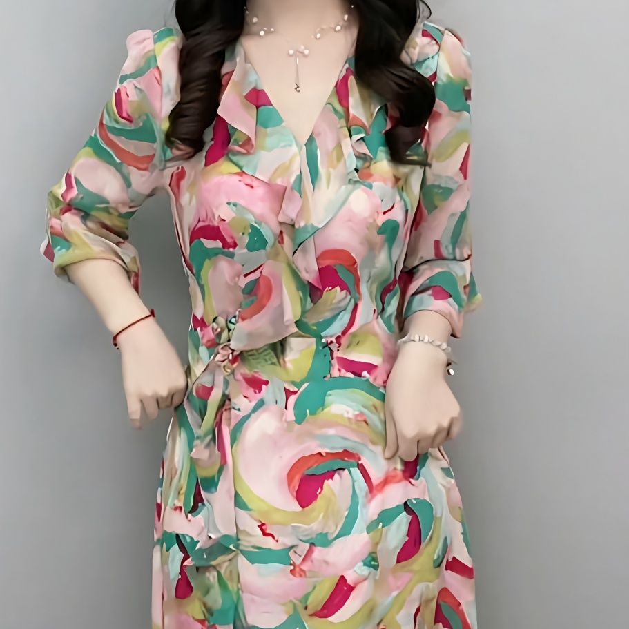 High-end hibiscus silk improved cheongsam skirt 2023 summer fashion retro style three-quarter sleeve mid-length mermaid skirt