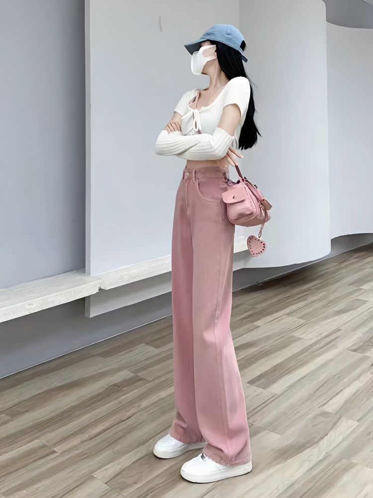 YSYOURS髒粉色高腰闊腿牛仔褲女春秋寬鬆顯瘦大碼直筒拖地長褲子