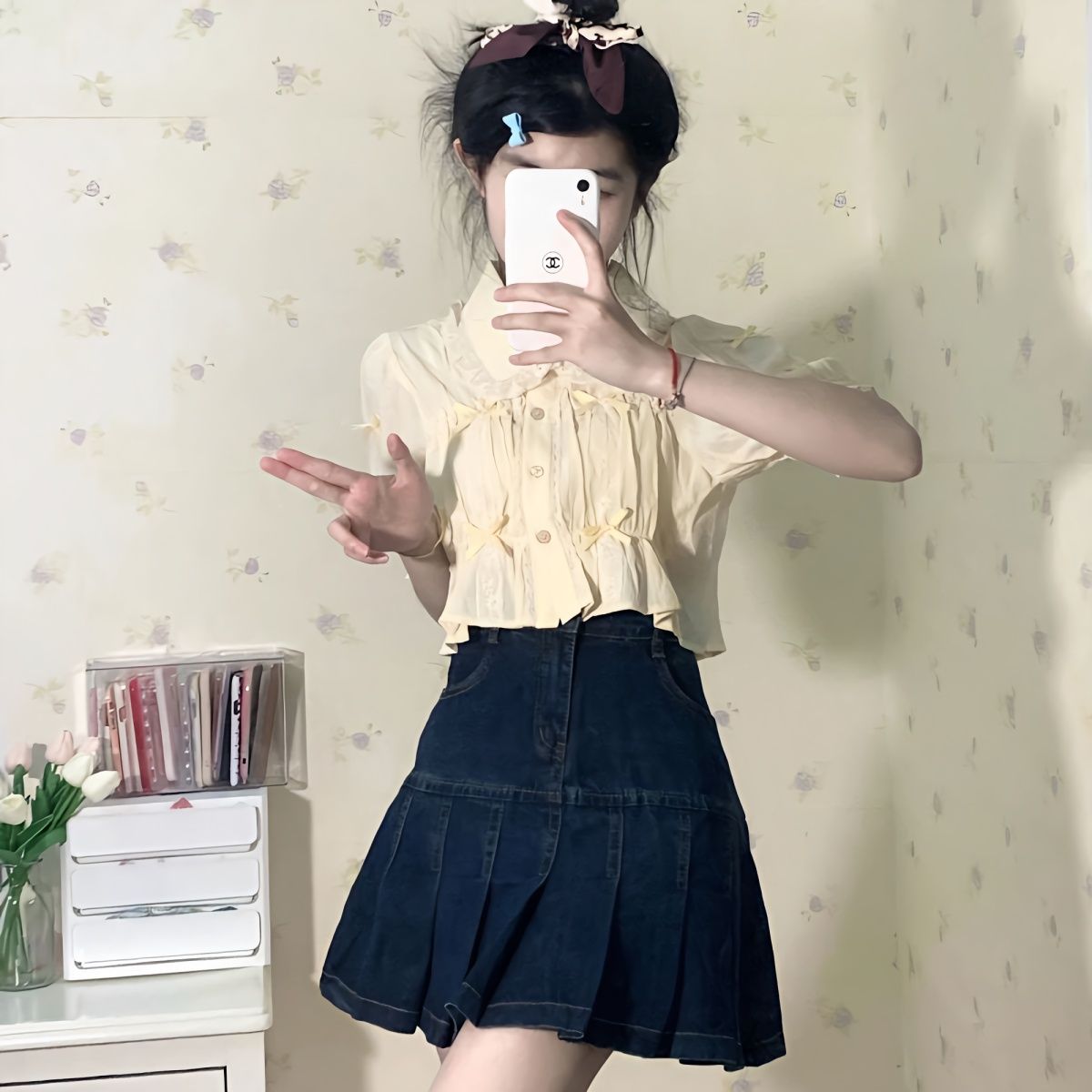 韓系少女復古蕾絲花邊娃娃領泡泡袖短款上衣+牛仔百褶半身裙套裝