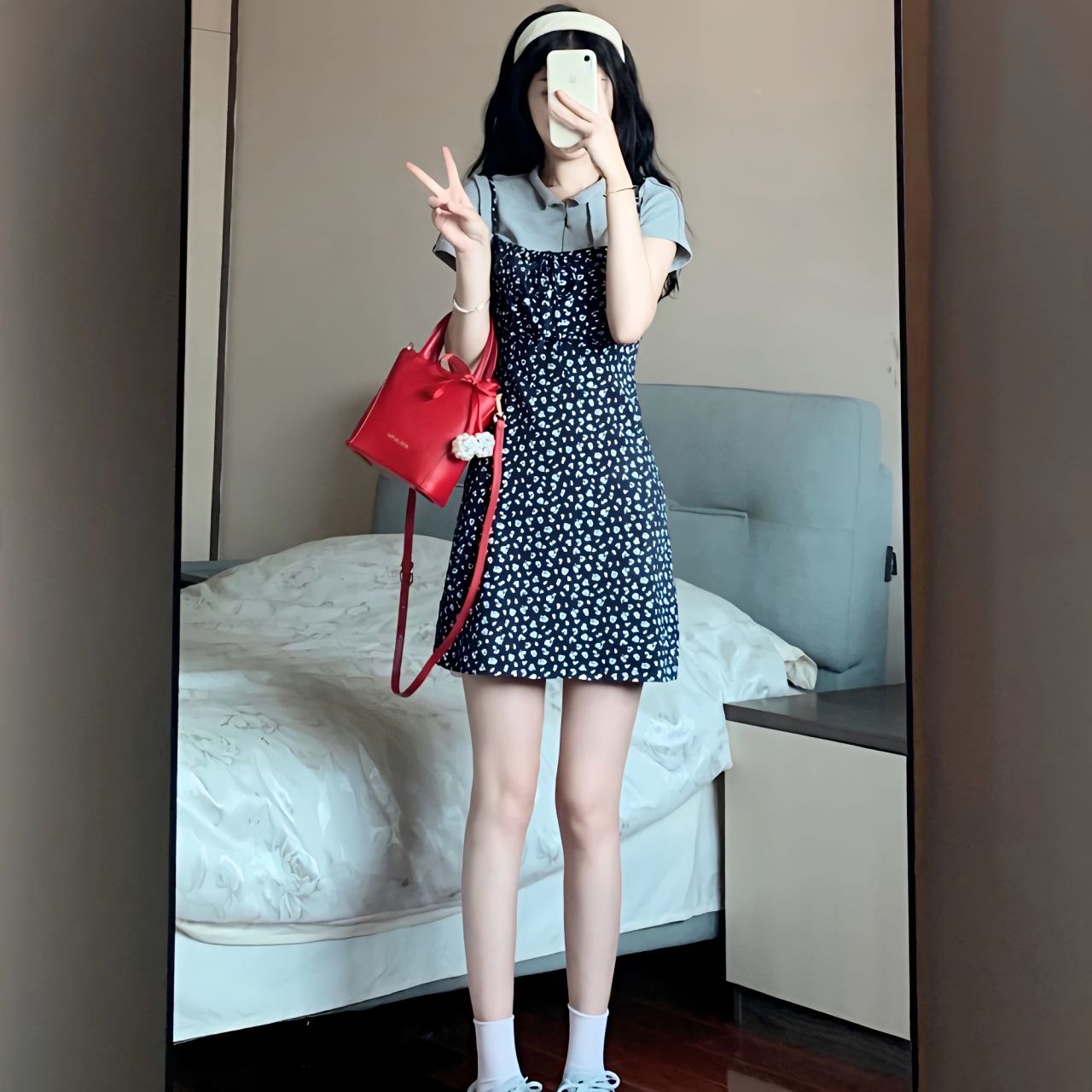 兩件套裝/單件夏季鹽甜小清新碎花吊帶連衣裙直筒顯瘦短裙+POLO衫
