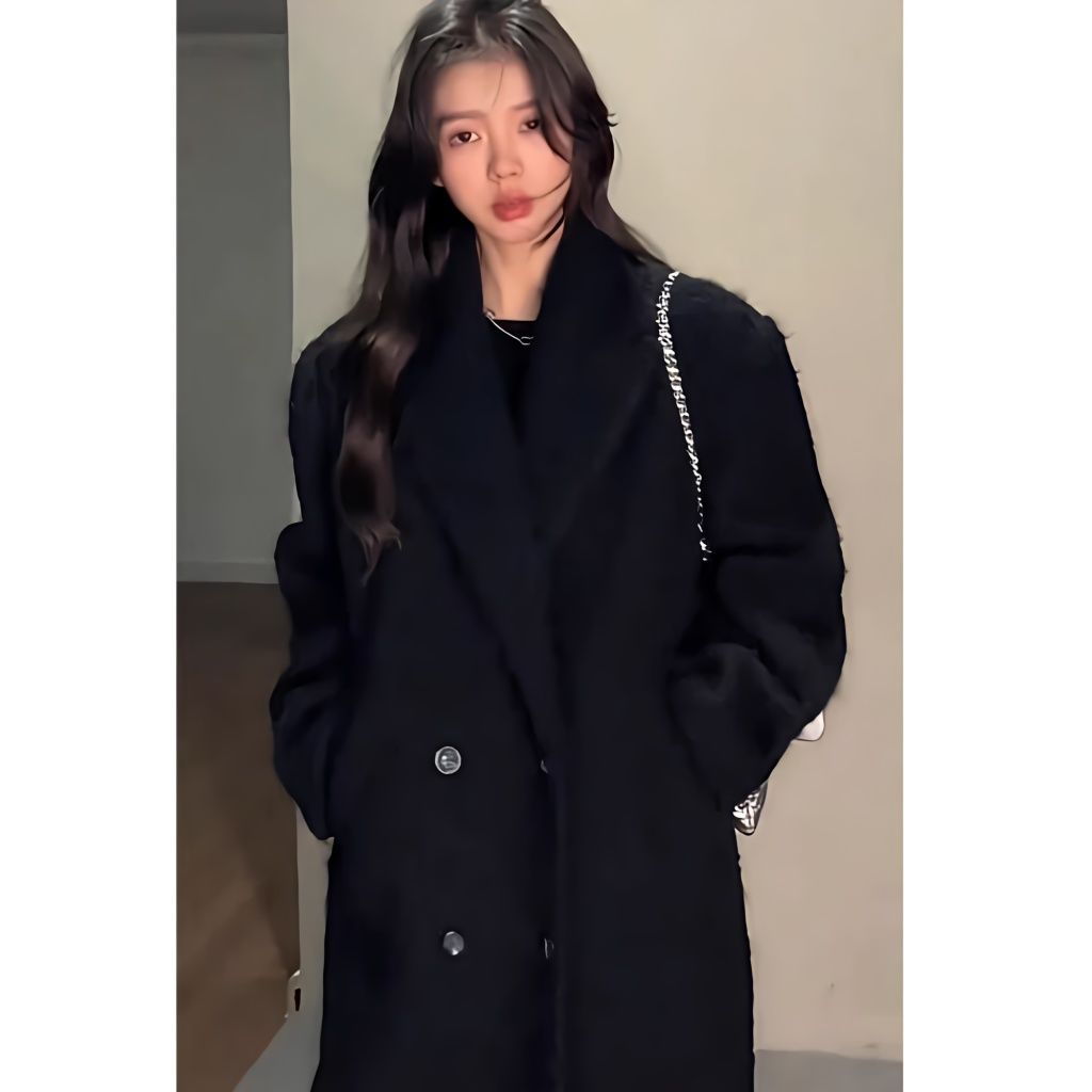 白鴨絨黑色大衣女2023冬季新款長款羽絨內膽西裝呢子加厚毛呢外套