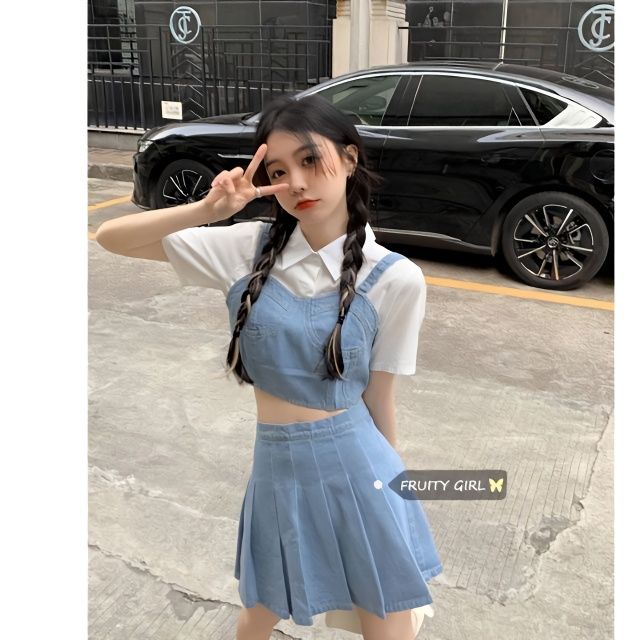 【三件套裝】網紅衣服短袖襯衫+短款牛仔吊帶背心+高腰顯瘦百褶裙