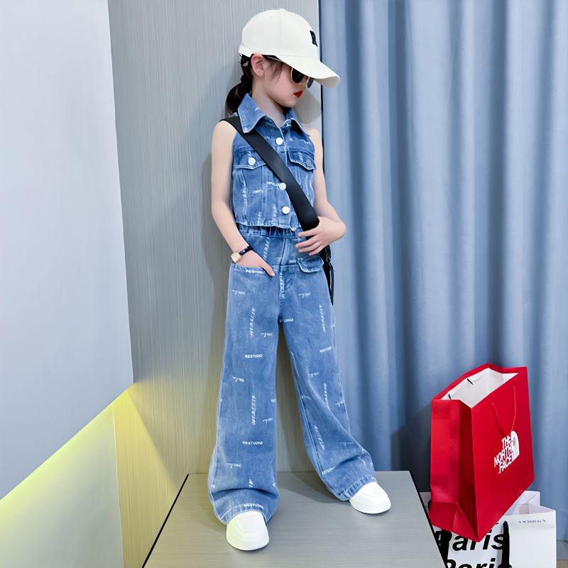 女童牛仔套裝夏季新款潮中大童時髦洋氣無袖背心炸街兩件套兒童裝