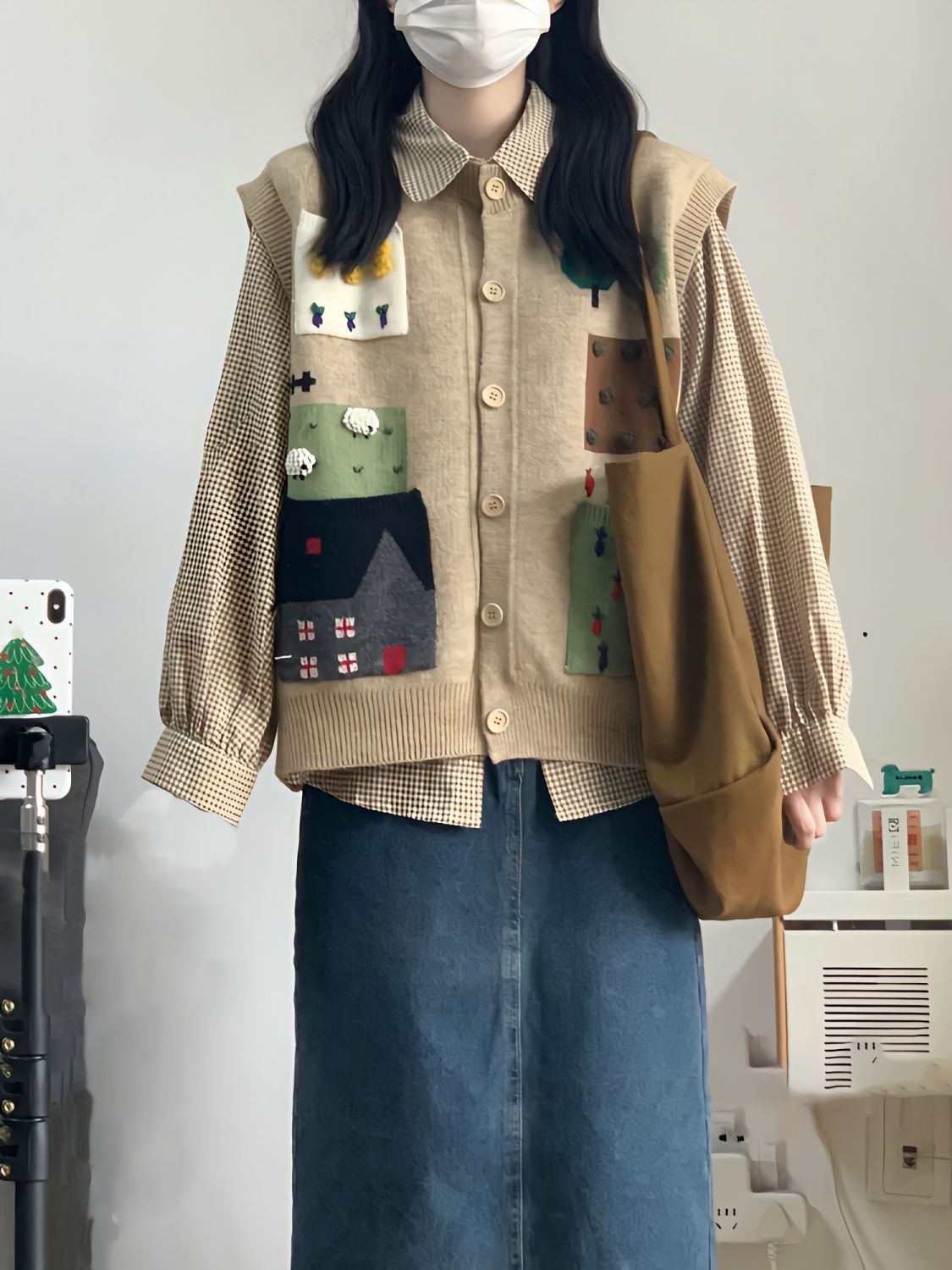 兩件套裝春秋新款文藝復古藝術感針織馬甲女背心疊穿襯衫一整套潮