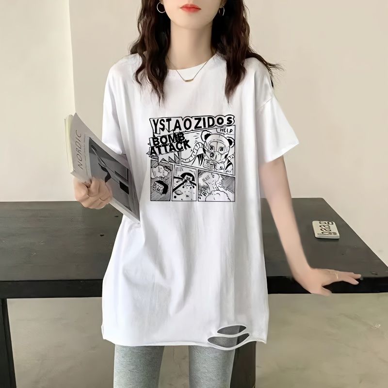 韓國白色純棉破洞t恤女2023夏季新款短袖打底衫中長款寬鬆ins上衣