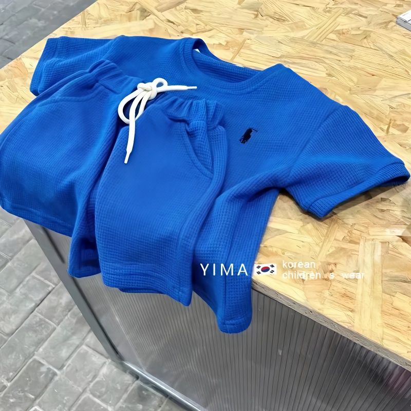 Waffle children's clothing 2023 summer boys and girls casual sports suit children's solid color short-sleeved shorts two-piece set