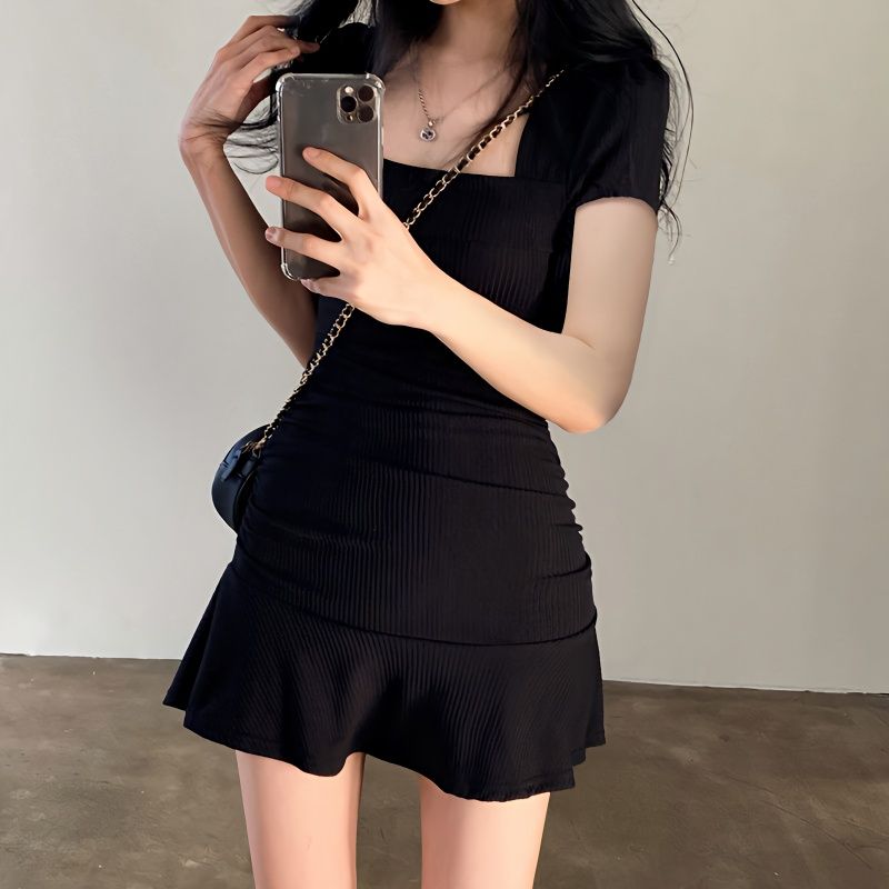 Korean style temperament square collar ruffled patchwork waist slimming dress sexy slim fashion new trendy hip skirt