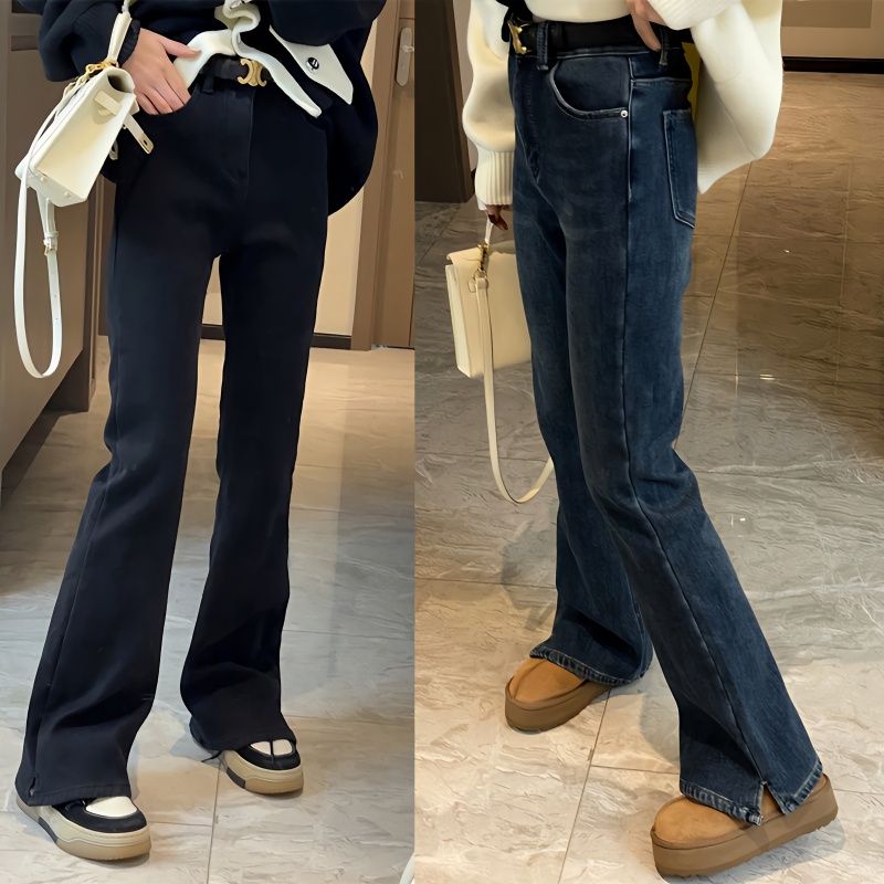 大碼開叉彈力微喇叭牛仔褲女春季新款胖妹妹高腰修身顯瘦馬蹄褲子