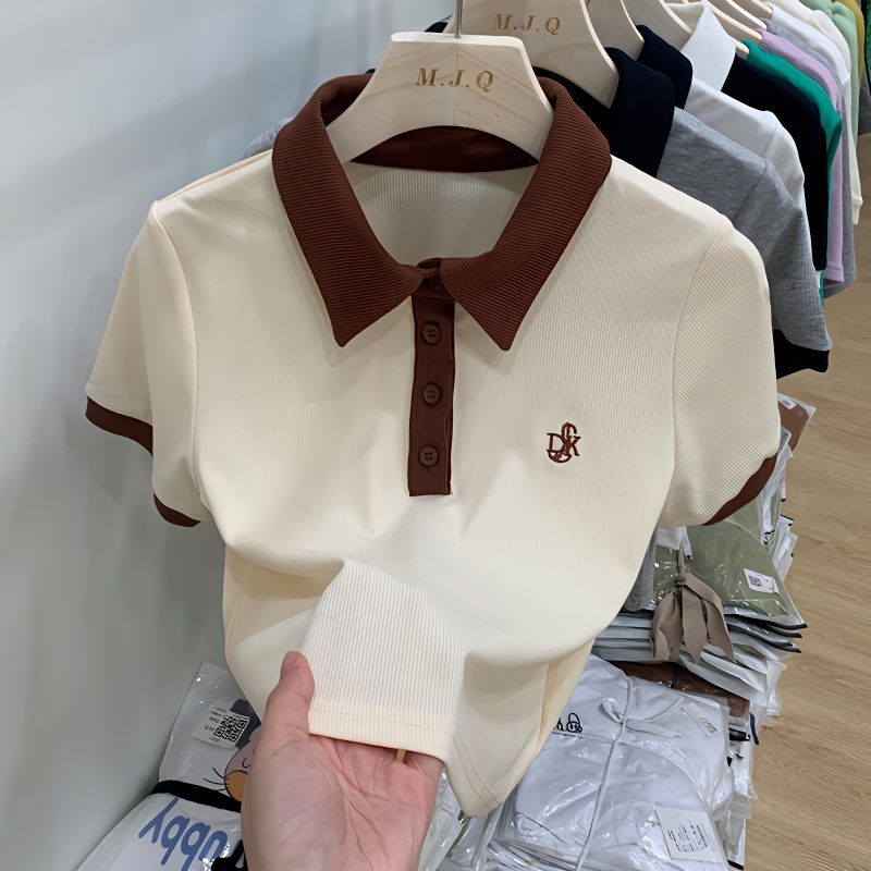 2023 Summer Embroidered Polo Shirt Sweet and Spicy Slim Slim Short Lapel Top Design Sense of Small People Short-sleeved T-shirt