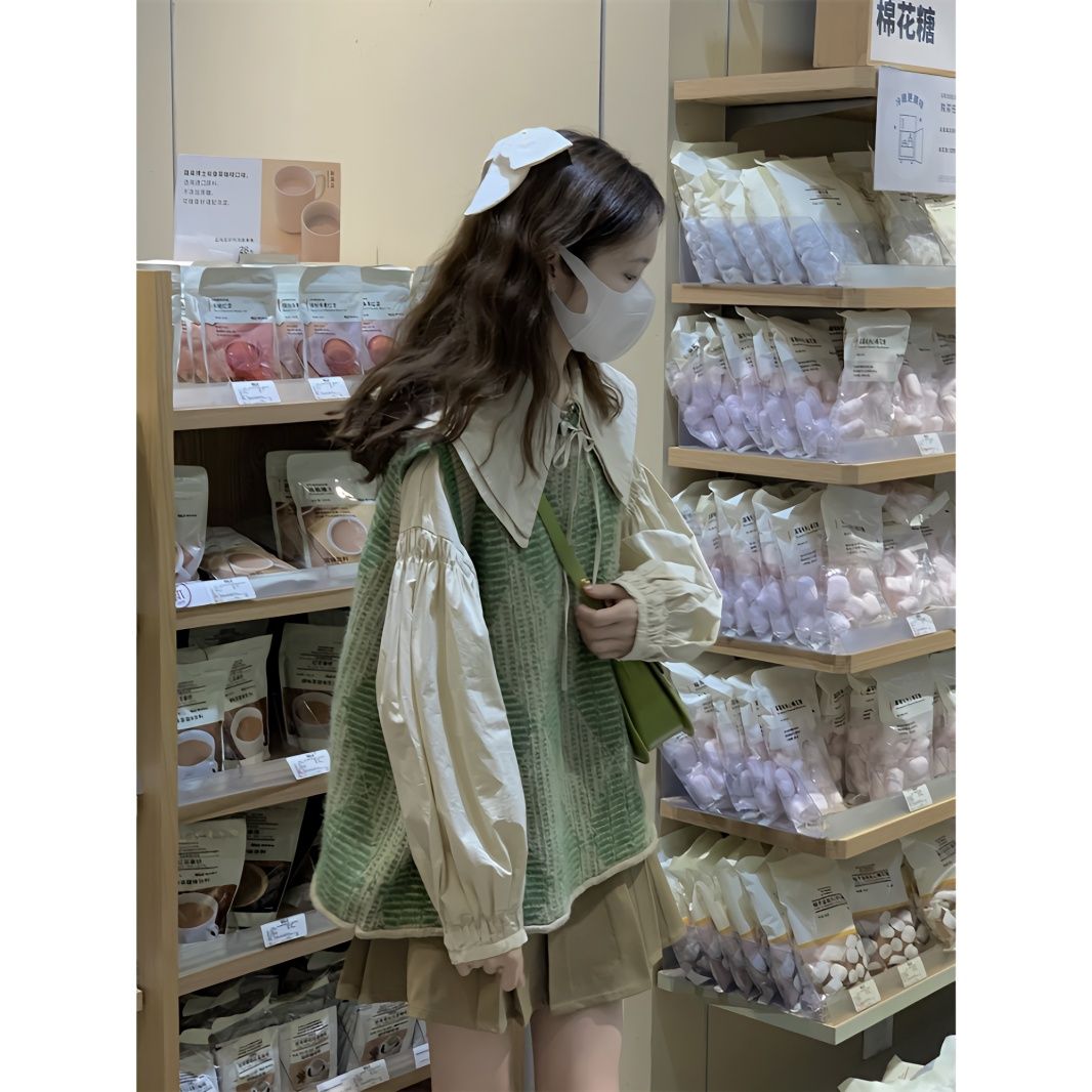 三件套裝秋季法式娃娃領襯衫女拼色針織毛衣疊穿背心馬甲+百褶裙