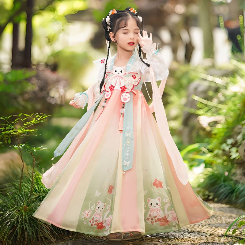 漢服女童春秋2023新款兒童裝唐裝古風超仙古裝春季女孩春裝連衣裙