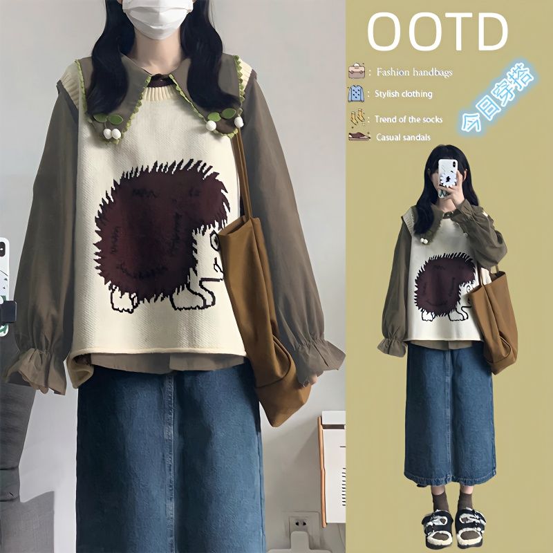 兩件套裝春秋小眾復古刺繡針織毛衣疊穿馬甲背心花邊娃娃襯衫女潮