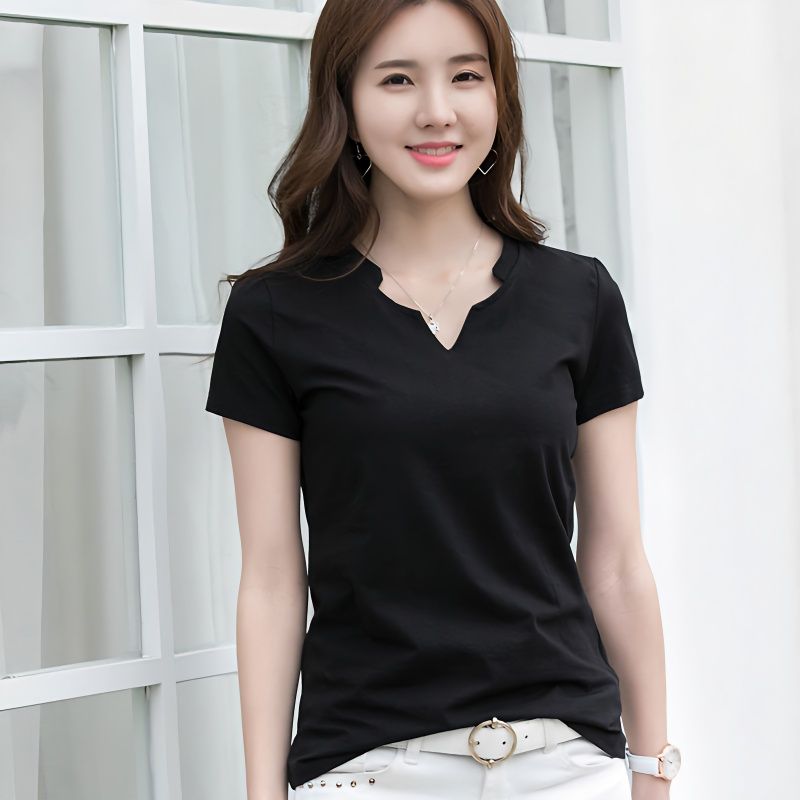 V領短袖t恤女2023韓版新款純棉修身女衫夏季簡約半袖潮百搭上衣