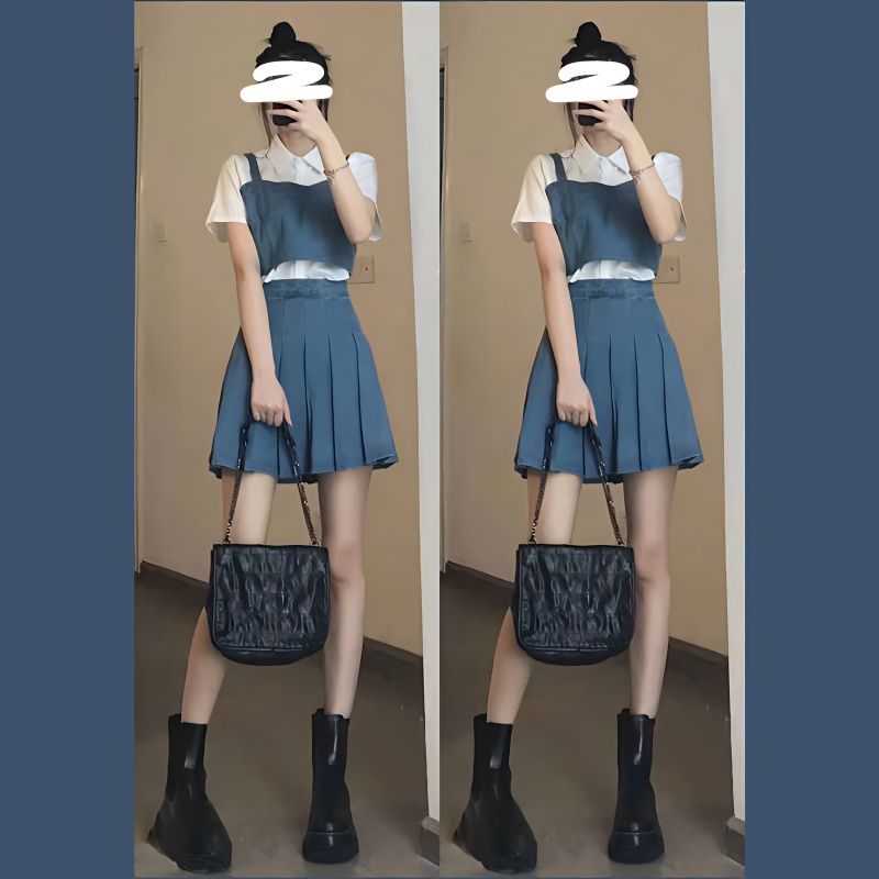 【三件套裝】夏季減齡學院風襯衫+高腰百搭百褶裙+短款牛仔小吊帶