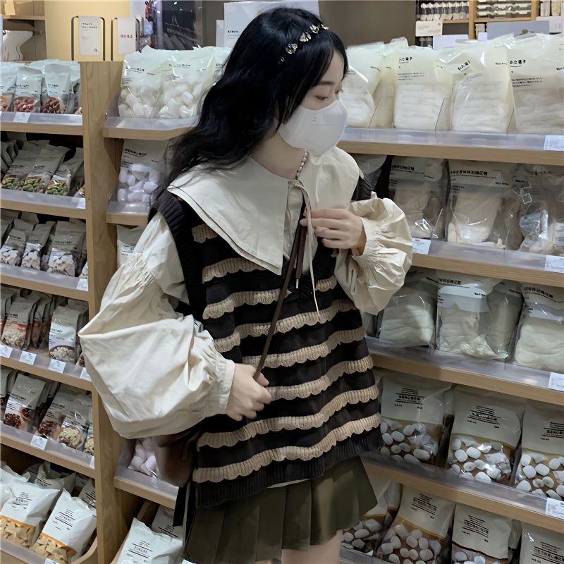 三件套裝春秋日系甜美針織毛衣背心條紋馬甲疊穿娃娃領襯衫百褶裙
