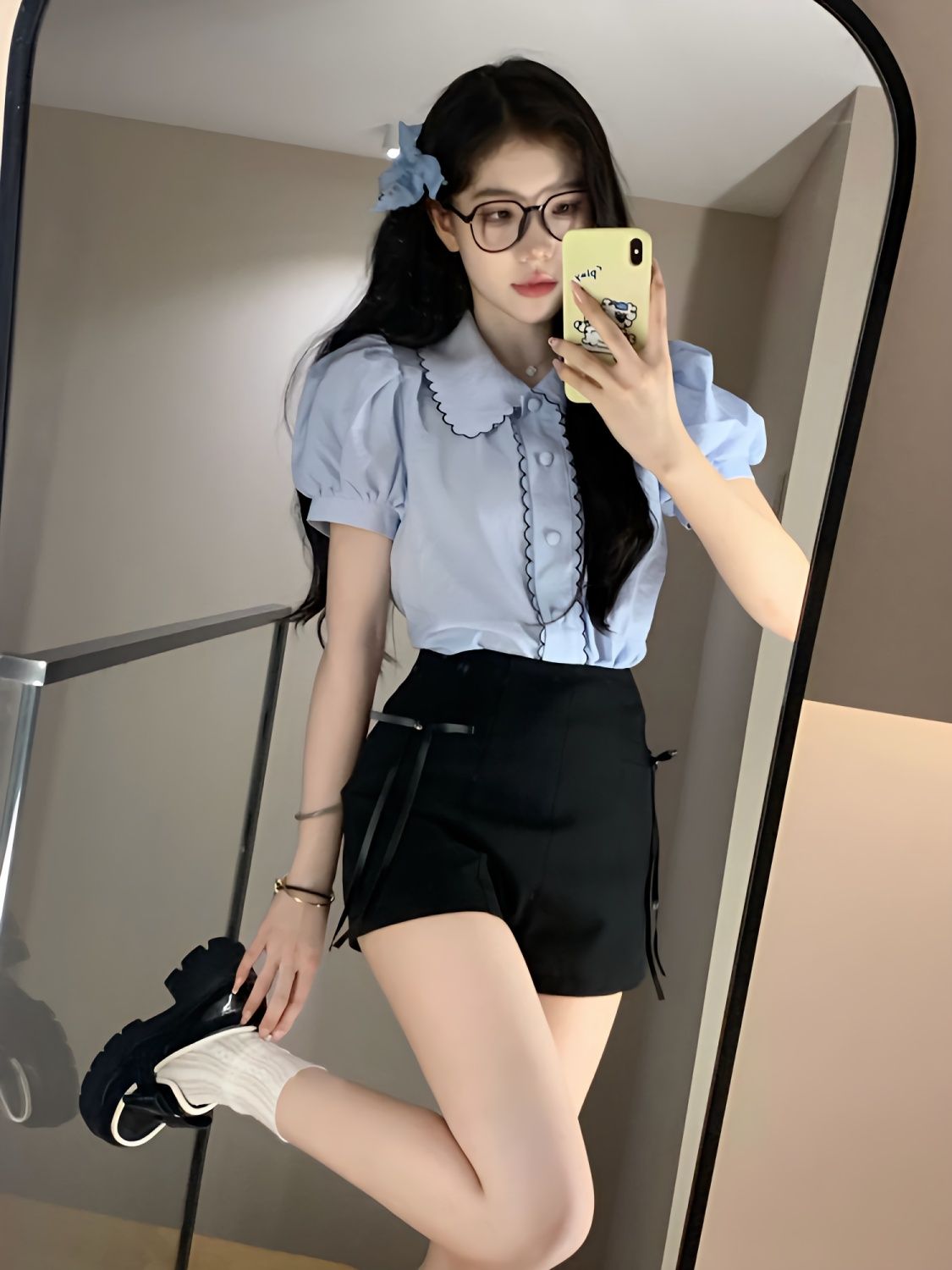 兩件套裝/單件夏款溫柔甜美寬鬆泡泡袖襯衫上衣辣妹高腰超短褲子