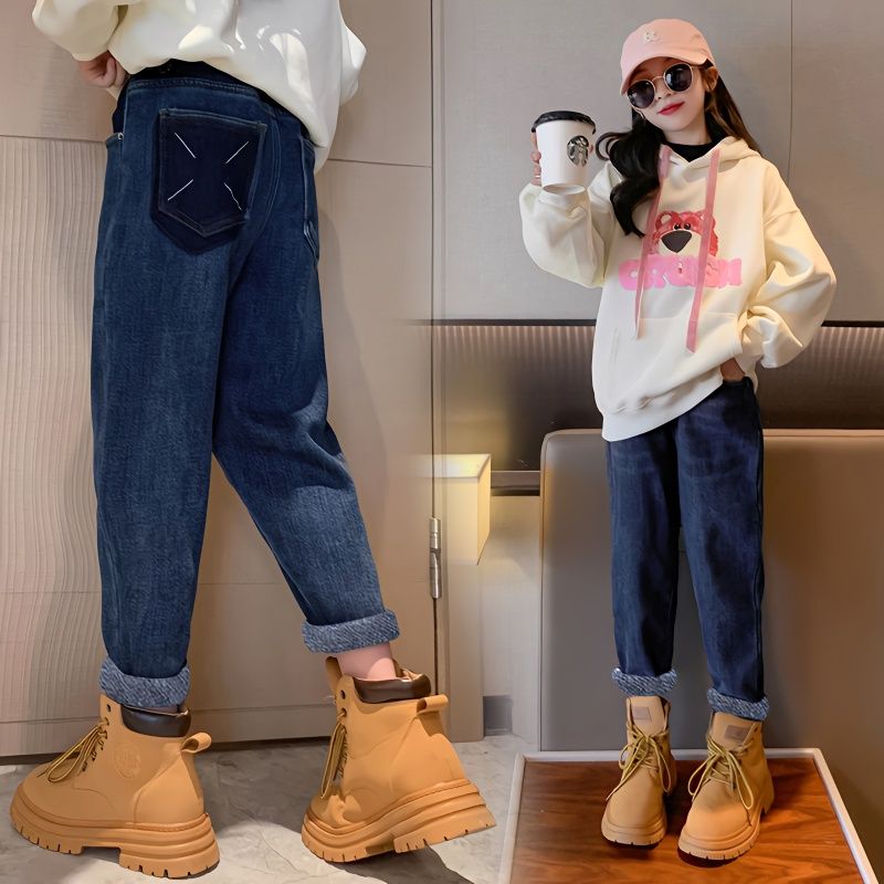 女童牛仔褲秋冬款2022新款加厚中大童一體絨老爹褲兒童加絨哈倫褲