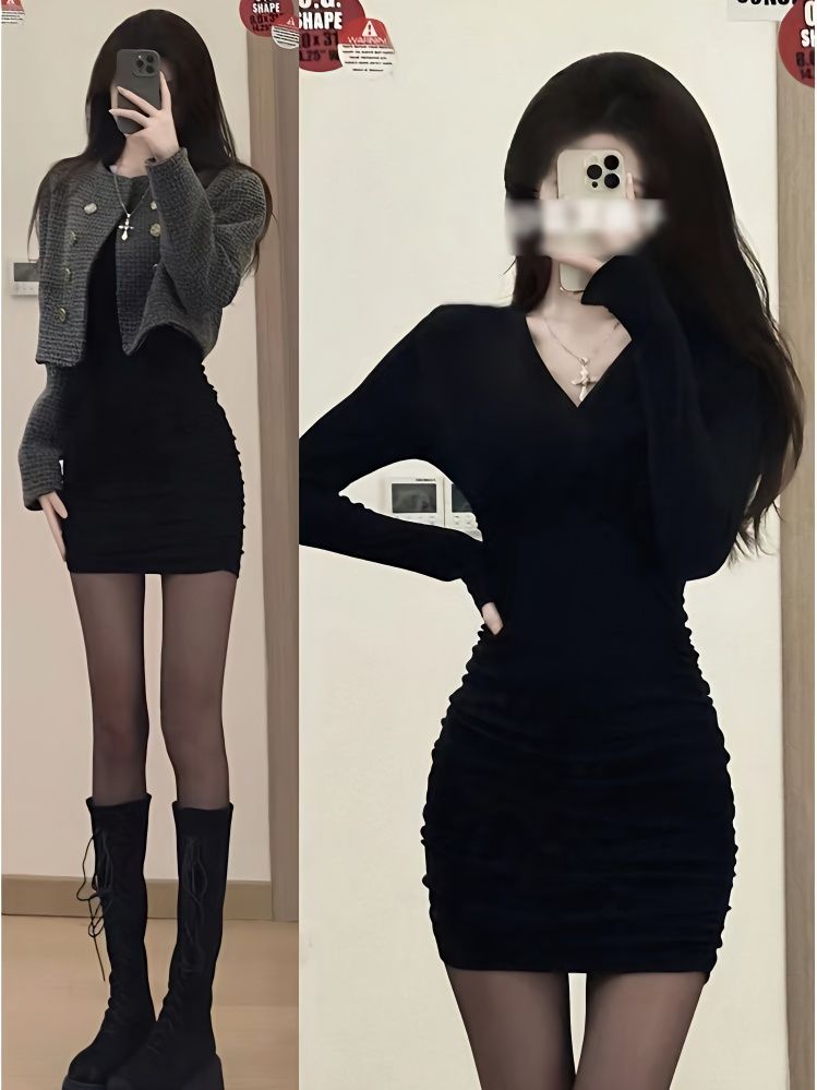 配大衣的內搭裙子黑絲搭配後媽包臀裙女春裝連衣裙緊身小個子短裙