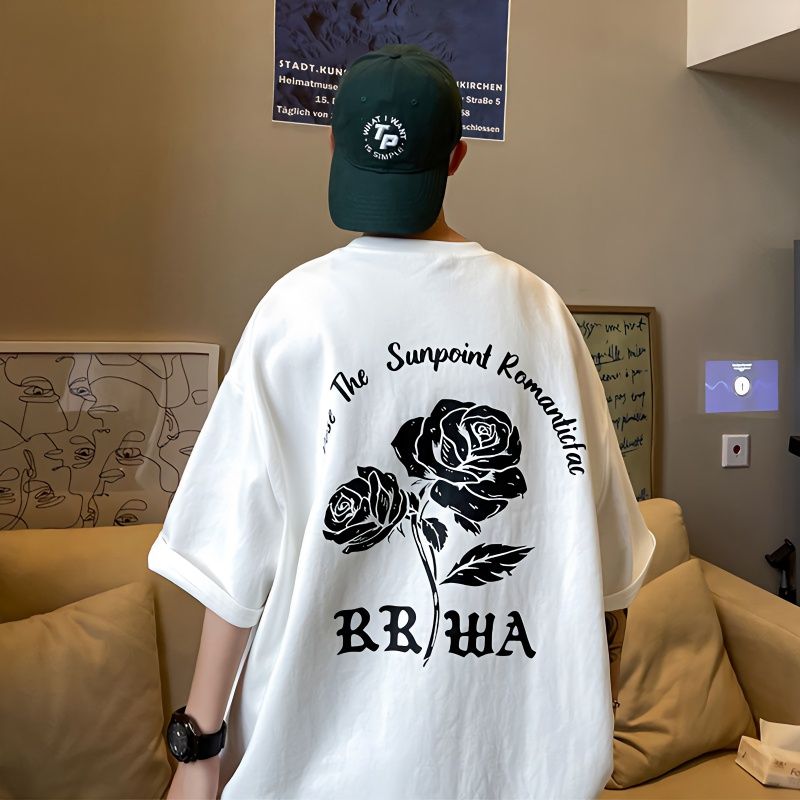 100%純棉歐美潮牌玫瑰印花短袖t恤男寬鬆情侶百搭體恤半袖ins上衣