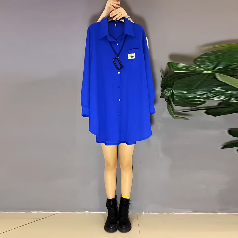 韓版加大碼女裝2023新款時尚寬鬆洋氣百搭上衣翻領字母長袖襯衫潮