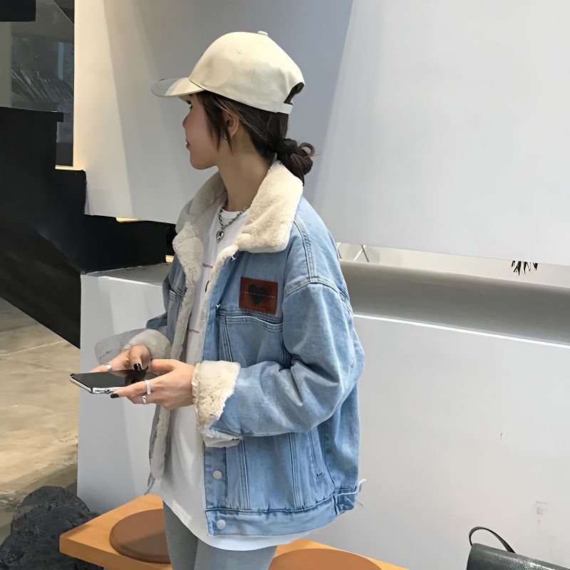 Denim jacket plus velvet thickened women's winter 2021 new mid-length cotton clothing Korean version loose plus size denim jacket