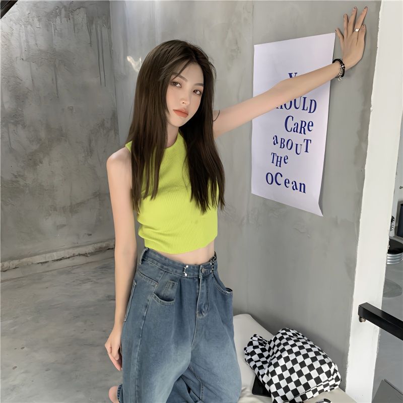 針織吊帶小背心女款夏外穿坎肩短款內搭打底辣妹無袖綠色上衣春秋