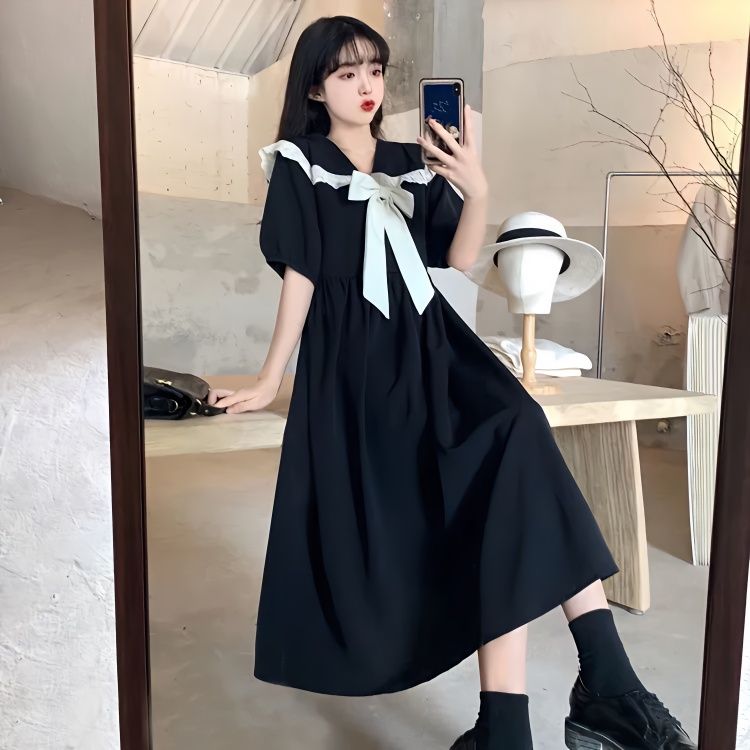 大碼女裝胖mm蝴蝶結學院風黑色裙子女夏新款收腰顯瘦娃娃領連衣裙
