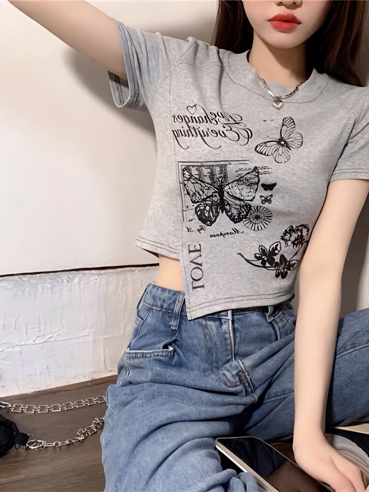 Niche chic tight short top female small temperament American retro shoulder hot girl summer short-sleeved T-shirt