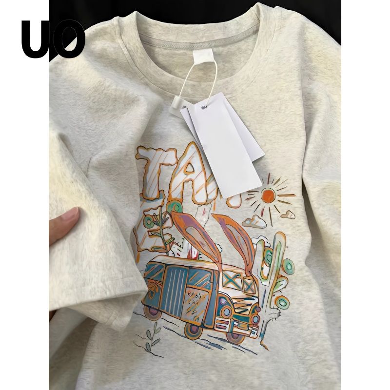 100% cotton 2023 summer Hong Kong style printed couple t-shirt men and women the same style Korean version loose heavy cotton top women