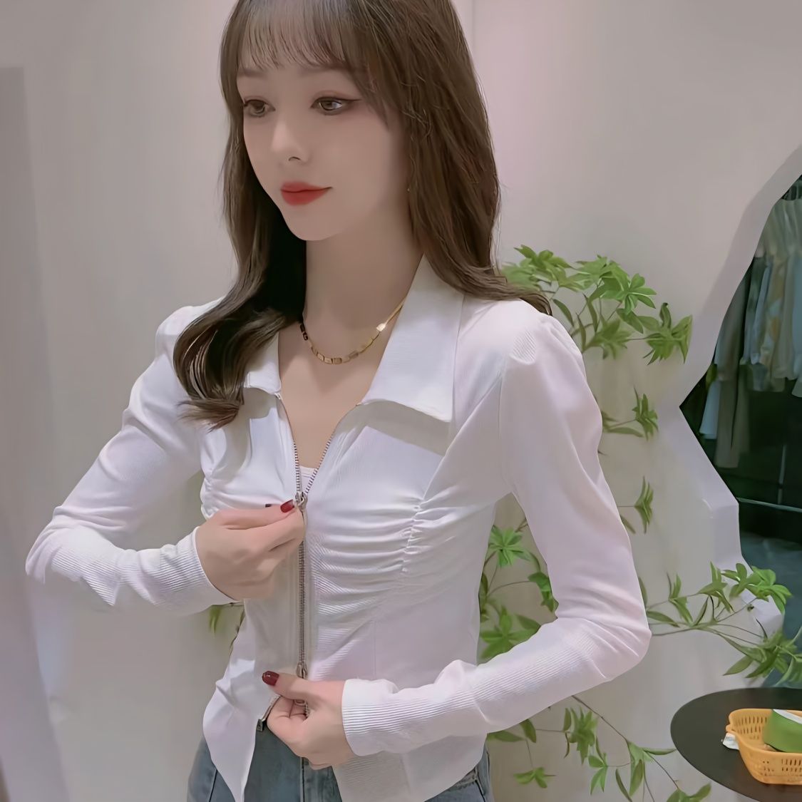 抖音2023新款春夏甜美別致上衣雙拉鏈褶皺修身顯瘦辣妹短款襯衫女