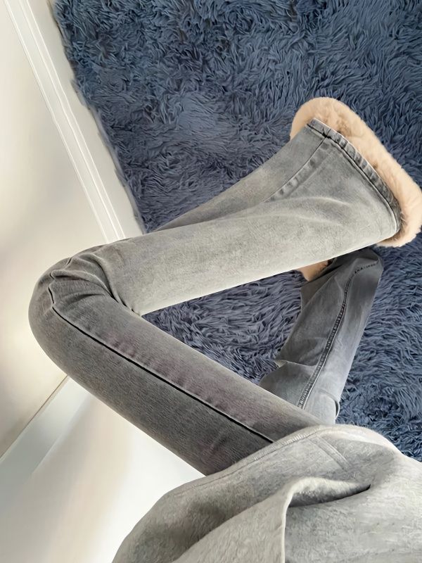 做舊淺灰色微喇叭牛仔褲女ins潮高街彈力修身顯瘦加長拖地褲長褲