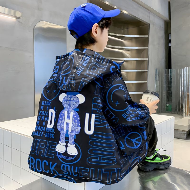 男童外套秋裝網紅炸街卡通兒童連帽風衣2022新款中大童夾克秋季潮