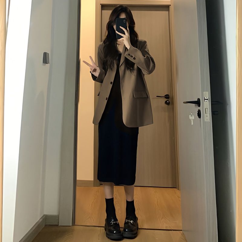 Brown suit jacket for women 2023 spring and autumn new Korean version small high-end loose chic versatile suit