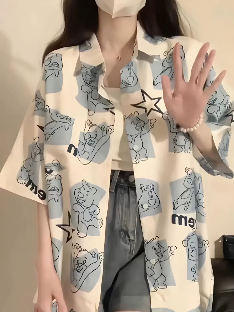 日系復古可愛小熊滿印設計感小眾短袖襯衫女春夏季寬鬆慵懶風襯衣